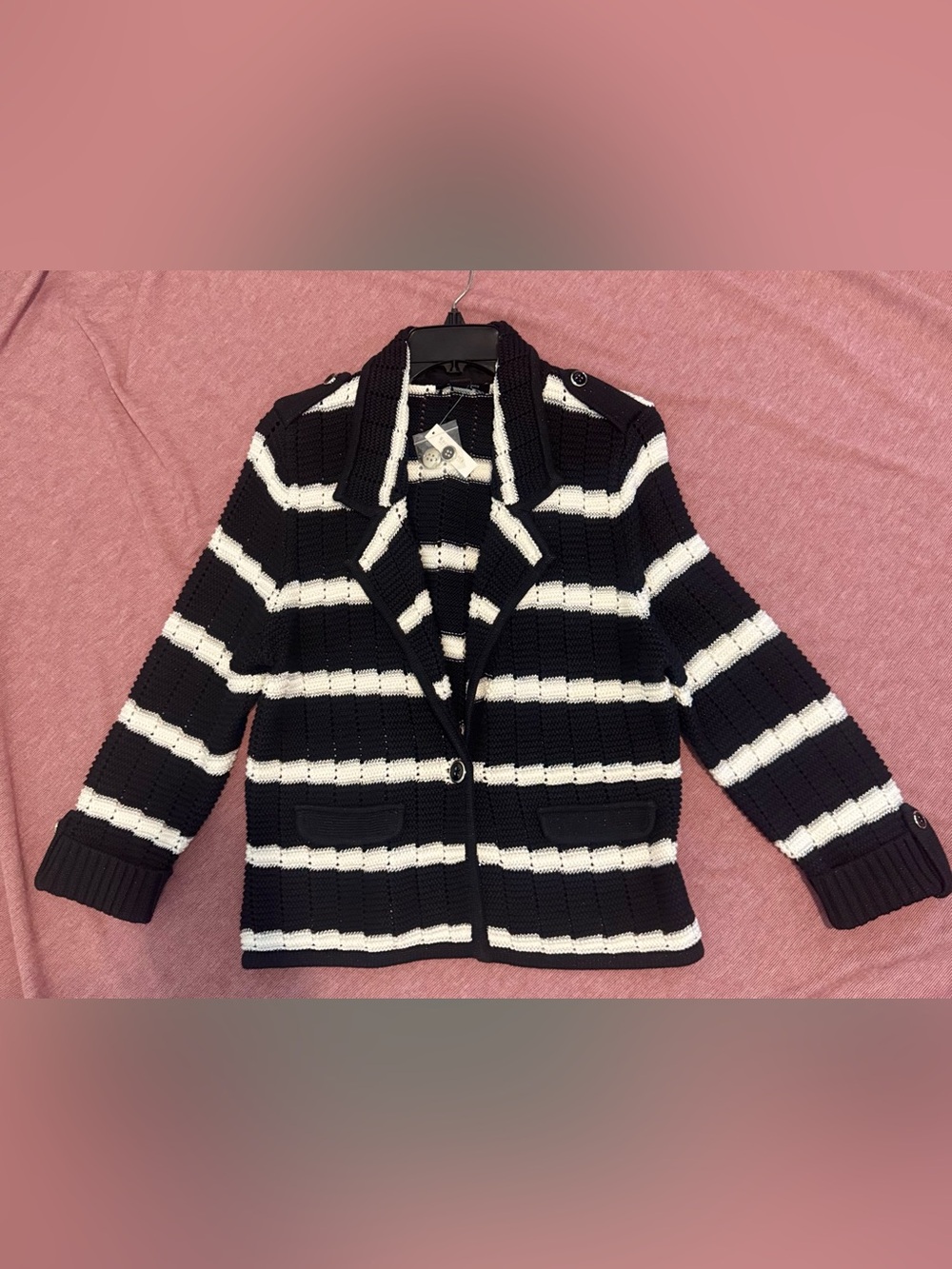 White House Black Market Black and White Striped Knit Cardigan Blazer NWT